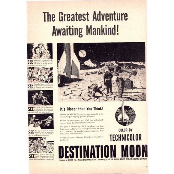 1950 Destination Moon Sci-Fi Movie Promo Vintage Print Ad Space Age 50s Wall Art - Picture 1 of 2